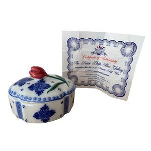 Delft Hand Painted Trinket Box Red Rose Blue Design Lidded W COA Dutch